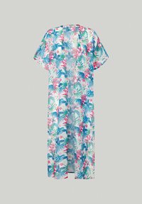 Lång, kortärmad, öppensnydd kimono-inspirerad plagg med livfulla tropiska blommönster och blad i blått, rosa och grönt på vit bakgrund.