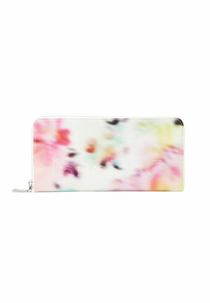 Floral-print wallet in soft white synthetic material. Features a zip closure, pastel pink, and blue hues with subtle texture variations.