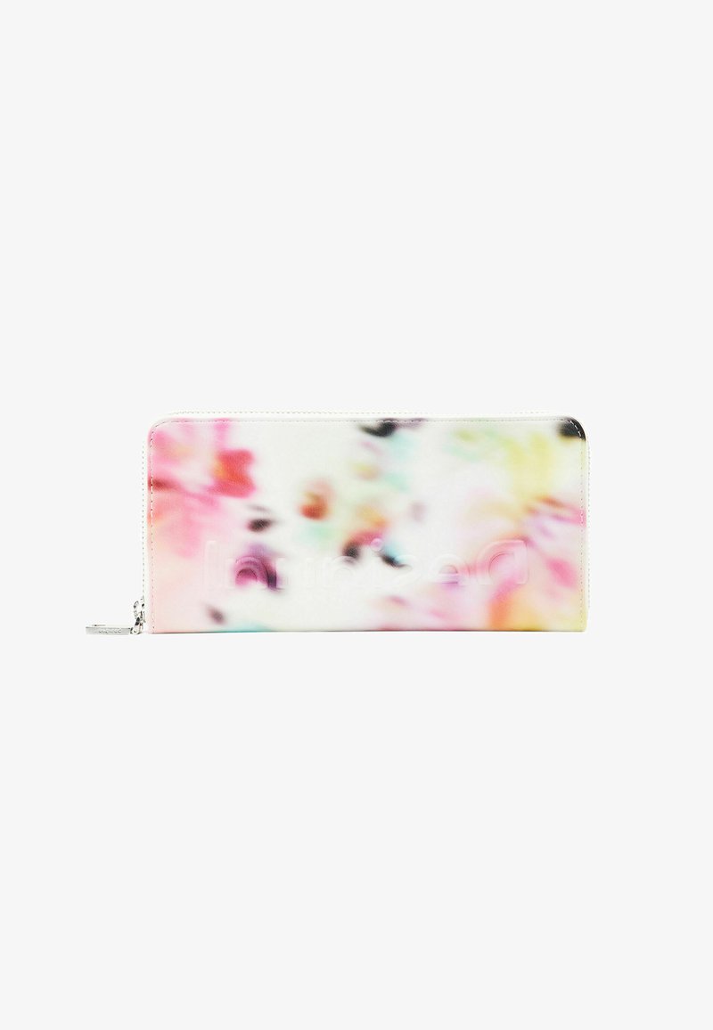 Floral-print wallet in soft white synthetic material. Features a zip closure, pastel pink, and blue hues with subtle texture variations.
