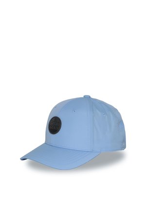Casquette de baseball bleu clair avec une visière incurvée et un patch rond noir avec logo sur le panneau avant.