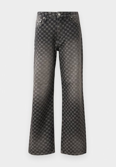 Melni platās kājas džinsi ar augstu jostu un visā virsmā pārbaudītu rakstu ar smalku atkārtojošu burtu dizainu.