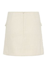 Mini jupe texturée écru avec une coupe droite et une fermeture éclair visible courant le long du dos au centre.
