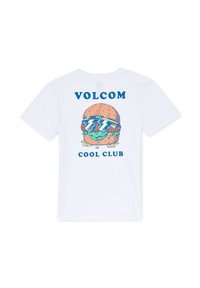 Weißes Baumwoll-T-Shirt mit einem bunten Grafikdruck eines Burgers, der eine Sonnenbrille trägt, mit blauem Text "VOLCOM" und "COOL CLUB" darüber.