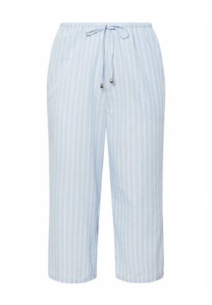 Lyseblå cropped bukser med hvide lodrette striber, elastik i taljen og snøre foran med metalender.