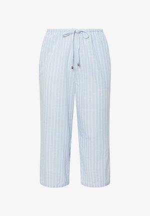 Lichtblauwe cropped broek met witte verticale strepen, een elastische tailleband en een vooraan verstelbaar trekkoord met metalen uiteinden.