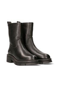 Zwarte leren enkellaarsjes met een gestructureerde afwerking, lage blokhak, trekhulptabs en gladde trimdetails langs de naden.