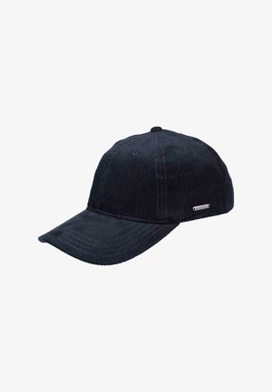 Corduroy baseball cap in dark navy blue, featuring a curved brim, textured fabric, stitched detailing, and a small metal accent on the side.