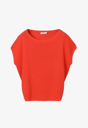 Jasnopomarańczowy krótki sweter z dzianiny z szerokim okrągłym dekoltem i luźnym krojem.