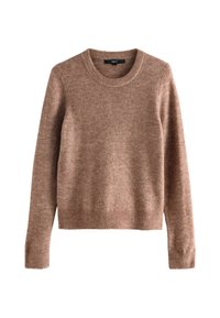 Brauner gestrickter Pullover mit rundem Halsausschnitt, langen Ärmeln und gerippten Bündchen. Die Textur wirkt weich und leicht fuzzy und zeigt ein gemütliches Design.