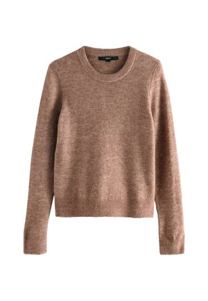 Brauner gestrickter Pullover mit rundem Halsausschnitt, langen Ärmeln und gerippten Bündchen. Die Textur wirkt weich und leicht fuzzy und zeigt ein gemütliches Design.