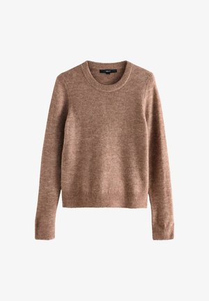 Brązowy sweter z dzianiny, okrągłym dekoltem, długimi rękawami i ściągaczami. Tekstura wydaje się miękka i lekko puszysta, co podkreśla przytulny design.