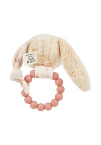 Soft plush bunny with floppy ears and a patterned fabric attachment, paired with a pink silicone teether ring. Tag shows care instructions.