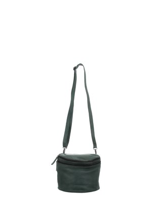 Small dark green leather crossbody bag with adjustable strap and double zippered compartments.