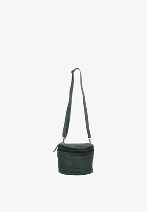 Small dark green leather crossbody bag with adjustable strap and double zippered compartments.
