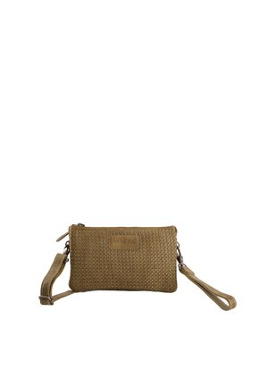 Khaki pung med en tekstureret diamantmønster, lynlåslukning og aftageligt håndledsrem. Har et brandlogo panel på forsiden.