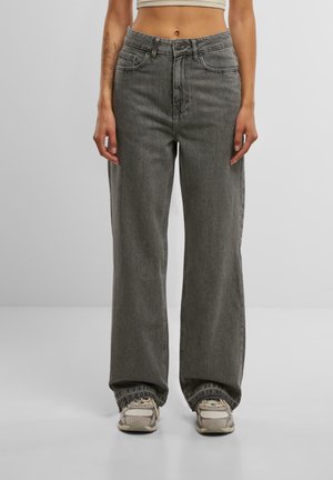 Wide-leg gray denim jeans with a high waist, featuring front pockets and a zipper fly. Fabric has a soft texture and a slightly faded finish.