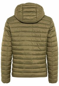 Olivgrüner Pufferjacke mit Kapuze, gesteppter Optik und glatter, glänzender Außenseite. Die Rückenansicht zeigt ein horizontales Steppmuster.