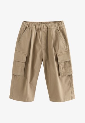 Pantalones cortos cargo kaki con cinturilla elástica, bolsillos laterales delanteros y grandes bolsillos con solapa en cada muslo.