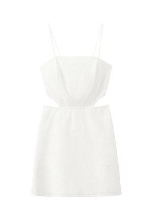 Vestido mini blanco sin mangas con finas tirantes de espagueti y corpiño entallado, con un sutil patrón floral texturizado.