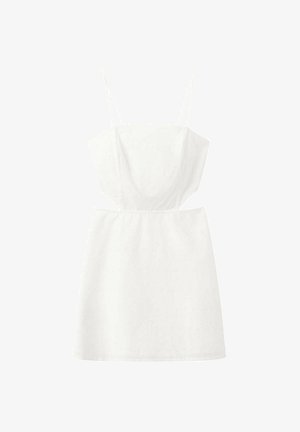 Weißes ärmelloses Minikleid mit dünnen Spaghettiträgern und tailliertem Oberteil, mit dezent strukturiertem Blumenmuster.