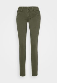 Olivgröna jeans med figurnära passform, hög midja, tvåknäppt stängning och klassisk femfickdesign. Slät textur, lätt stretch.