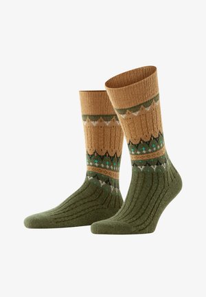 Gestrickte Socken mit einem beigen und grünen Design, gemusterten Bändern, gerippter Textur und kontrastierenden Farben, geeignet für den Freizeitgebrauch.