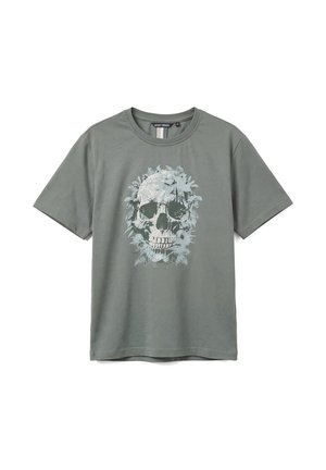 T-shirt gris à manches courtes avec un grand dessin de crâne composé de feuilles centré devant.