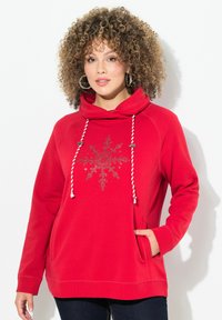 Felpa rossa in pile con colletto a scialle, design decorativo con fiocchi di neve in argento, coulisse regolabile e tasche frontali.
