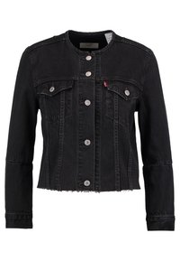 Svart jeansjacka med kort design, två bröstfickor, silverknappar och en fransig nederkant. Strukturerat, texturerat tyg med långa ärmar.