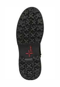 Suela de zapato de goma negra con un patrón de agarre texturizado que presenta bandas en forma de X. Logo rojo "GRIP" y la marca "GE ox" visibles.