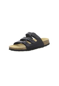 Schwarze Sandale mit drei verstellbaren Riemen und Schnallen, Korkfußbett und schwarzer, strukturierter Sohle, dargestellt vor weißem Hintergrund.