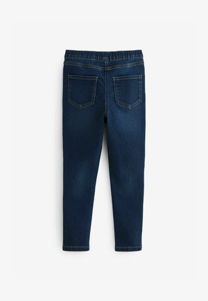 Tumed sinine denimjeggings elastse vöökoha, kahe tagatasku ja kontrastsete õmblustega. Kintsud on vormitud, ees taskud puuduvad.