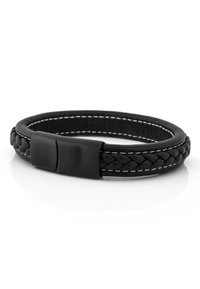 Brăţară din piele neagră cu un design împletit, cusături albe contrastante şi un închizător mată neagră. Finisaj texturat, formă circulară.