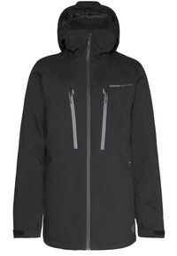 Zwarte waterdichte jas met hoge kraag, verstelbare capuchon, twee borstzakken en reflecterende accenten voor zichtbaarheid. Heeft elastische manchetknopen.