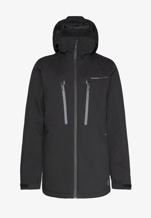 Zwarte waterdichte jas met hoge kraag, verstelbare capuchon, twee borstzakken en reflecterende accenten voor zichtbaarheid. Heeft elastische manchetknopen.