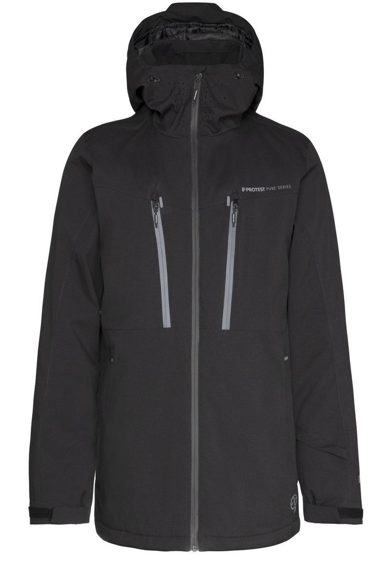 Zwarte waterdichte jas met hoge kraag, verstelbare capuchon, twee borstzakken en reflecterende accenten voor zichtbaarheid. Heeft elastische manchetknopen.