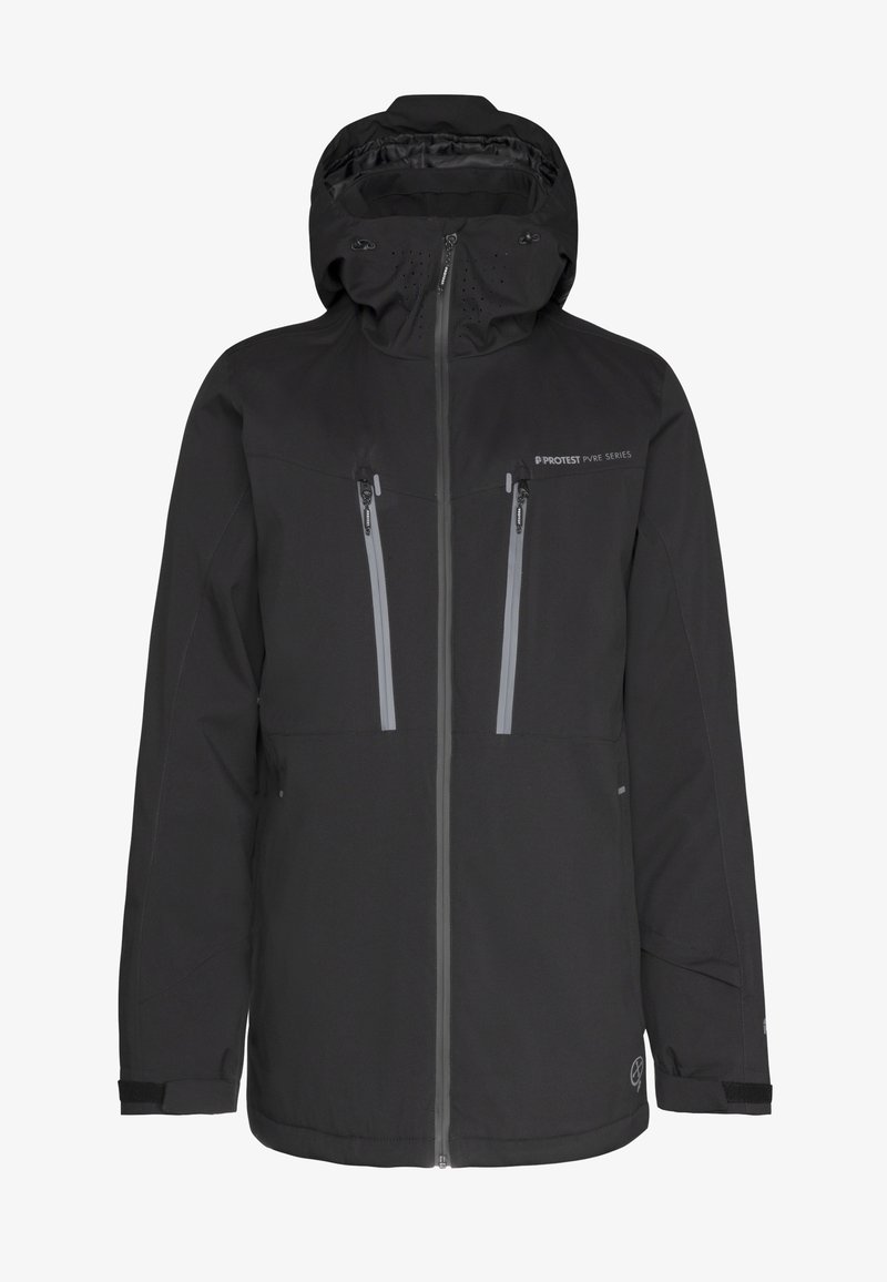 Zwarte waterdichte jas met hoge kraag, verstelbare capuchon, twee borstzakken en reflecterende accenten voor zichtbaarheid. Heeft elastische manchetknopen.