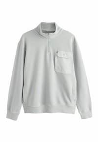 Lysegrå sweatshirt med opretstående krave, halvlange lynlås og forlommer. Har ribbet manchetter og kant med blødt, tekstureret stof.