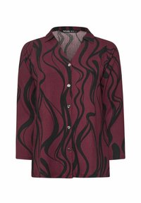 Burgundy knäppskjorta med svarta vågiga mönster, texturerad tyg och krage. Har silverfärgade knappar framtill.