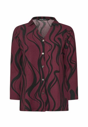 Bordeauxfarbene Hemd mit Knöpfen und schwarzen wellenförmigen Mustern, strukturiertem Stoff und einem Kragen. Verfügt über silberne Knöpfe auf der Vorderseite.