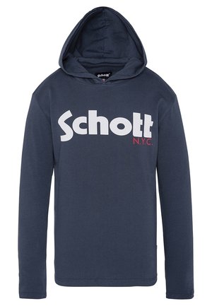 Marineblauwe hoodie met lange mouwen, witte "Schott" en rode "N.Y.C." tekst op de borst, met een ontspannen pasvorm en capuchon aan de voorkant.