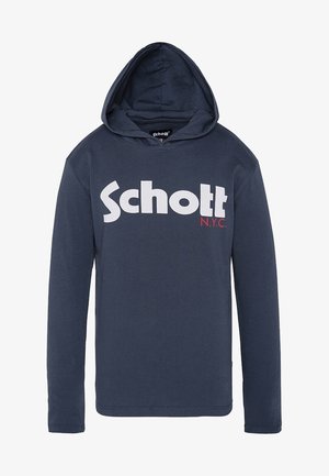 Sweat à capuche bleu marine à manches longues avec le texte blanc "Schott" et rouge "N.Y.C." sur la poitrine, doté d'une coupe décontractée et d'une capuche à l'avant.