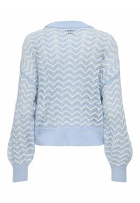 Maglione lavorato a maglia azzurro chiaro con motivo a onde, dotato di scollatura a girocollo e polsini a coste, vestibilità ampia e design testurizzato.