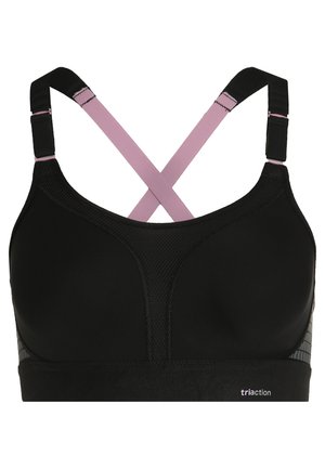 Black sports bra with mesh panels and crisscross straps in pink. Features reinforced stitching and a logo on the band for added detail.