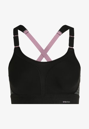 Czarny stanik sportowy z siateczkowymi panelami i krzyżującymi się ramiączkami w kolorze różowym. Posiada wzmocnione szwy oraz logo na pasie dla dodatkowego akcentu.