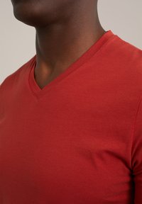 Röd bomull T-shirt med V-hals som visar en figurnära stil med en mjuk textur och minimal sömnadsdetaljering vid halsringningen.