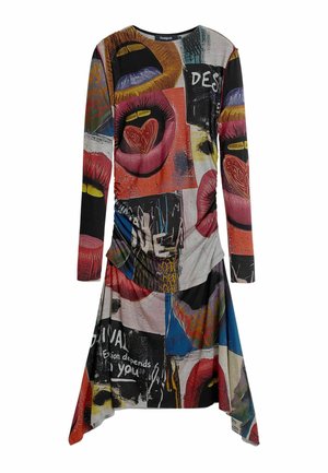 Langärmliges Kleid mit buntem, abstraktem Druck aus Lippen, Herzen und Graffiti-Texten in Rot-, Orange-, Blau-, Gelb- und Schwarztönen.