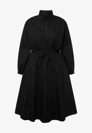 Schwarzes Kleid mit hohem Kragen, halbem Reißverschluss an der Vorderseite, elastischem Bund, langen Ärmeln und schwingendem Rock. Glattes Material, leicht und lässiges Design.