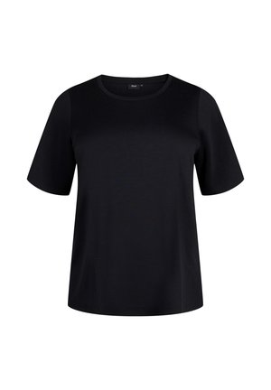 Black short-sleeve t-shirt in soft cotton fabric with a round neckline and simple, straight cut design. No patterns or visible accents.