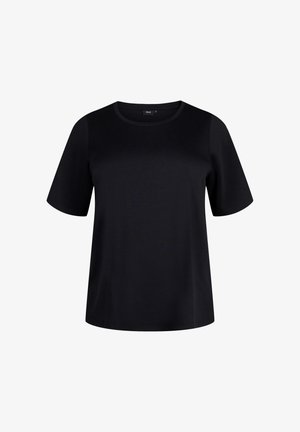 Juoda trumpų rankovių marškinėliai iš minkštos medvilnės audinio, apvaliu kaklu ir paprasto tiesaus kirpimo dizainu. Be raštų ar matomų akcentų.